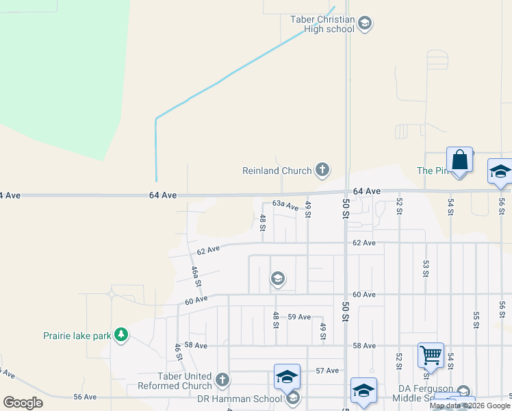 map of restaurants, bars, coffee shops, grocery stores, and more near 6314 48 Street in Taber