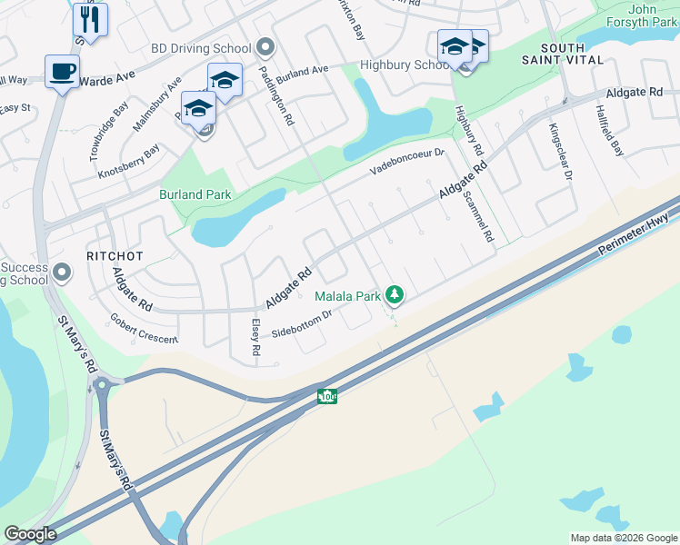 map of restaurants, bars, coffee shops, grocery stores, and more near 75 Prudhomme Bay in Winnipeg