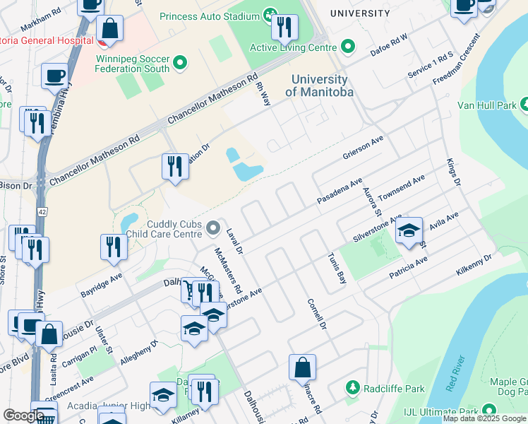 map of restaurants, bars, coffee shops, grocery stores, and more near Temple Bay in Winnipeg