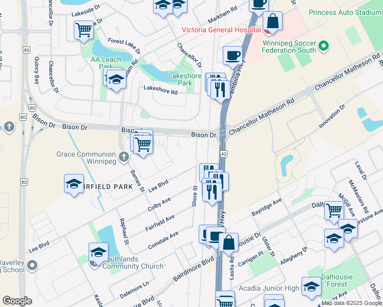 map of restaurants, bars, coffee shops, grocery stores, and more near 1029 Lee Boulevard in Winnipeg