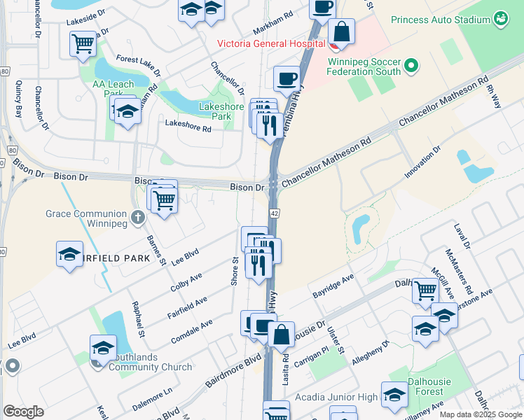 map of restaurants, bars, coffee shops, grocery stores, and more near 2537 Pembina Highway in Winnipeg