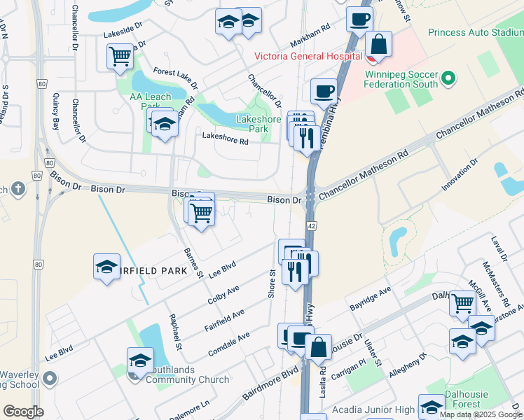 map of restaurants, bars, coffee shops, grocery stores, and more near 50 Bison Drive in Winnipeg