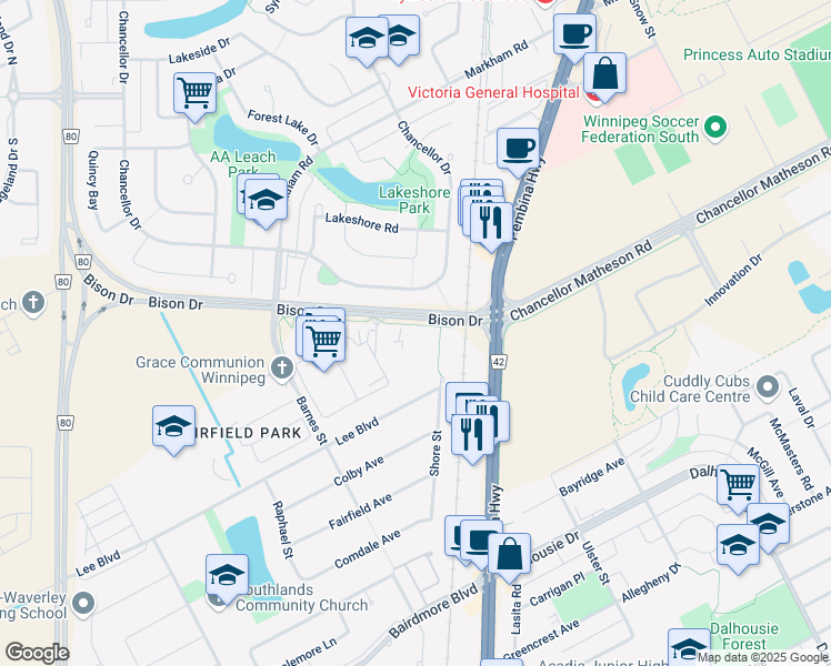 map of restaurants, bars, coffee shops, grocery stores, and more near in Winnipeg