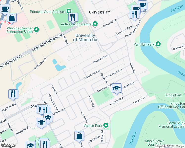 map of restaurants, bars, coffee shops, grocery stores, and more near 662 Pasadena Avenue in Winnipeg