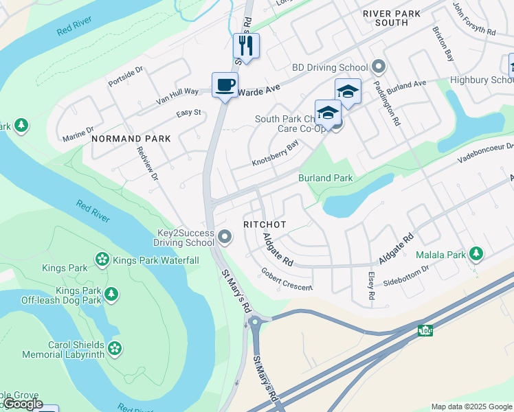 map of restaurants, bars, coffee shops, grocery stores, and more near 18 Aldgate Road in Winnipeg