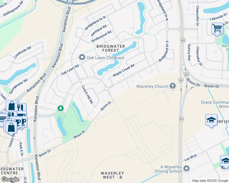 map of restaurants, bars, coffee shops, grocery stores, and more near 235 Bridgeland Drive South in Winnipeg