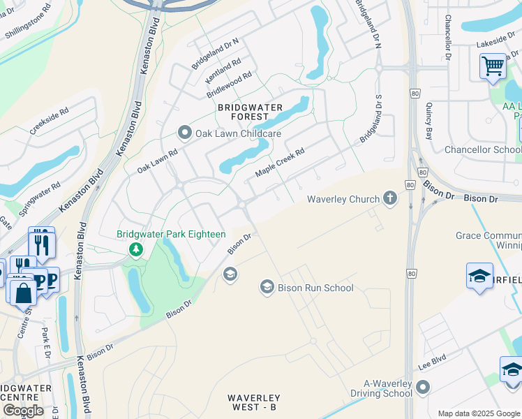 map of restaurants, bars, coffee shops, grocery stores, and more near 235 Bridgeland Drive South in Winnipeg