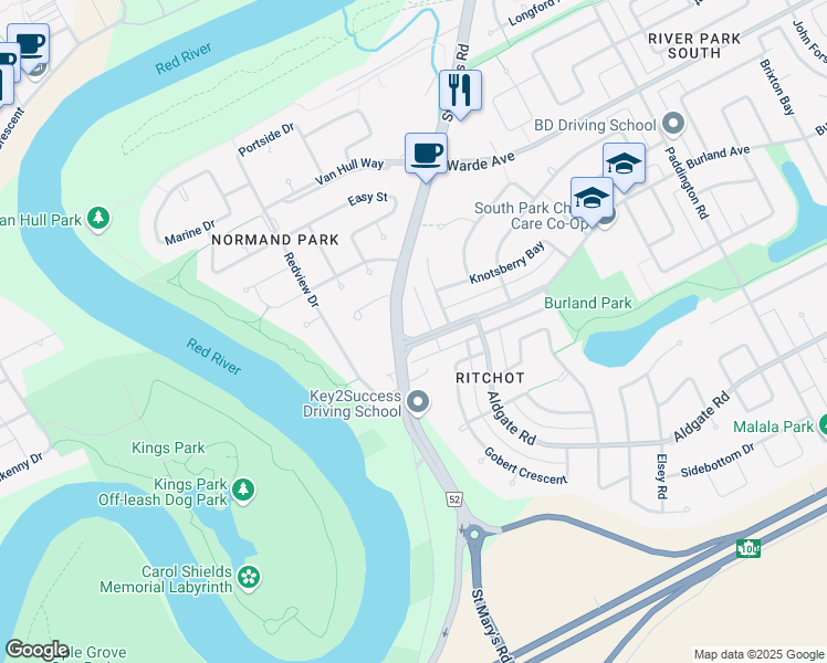 map of restaurants, bars, coffee shops, grocery stores, and more near 1 Burland Avenue in Winnipeg