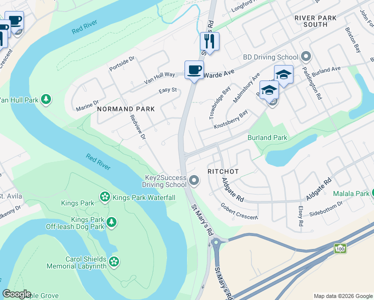 map of restaurants, bars, coffee shops, grocery stores, and more near in Winnipeg