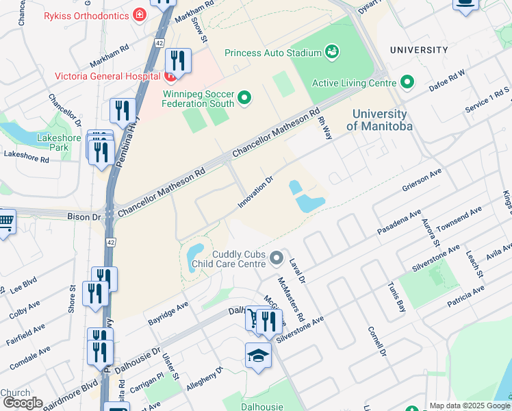 map of restaurants, bars, coffee shops, grocery stores, and more near 100 Innovation Drive in Winnipeg
