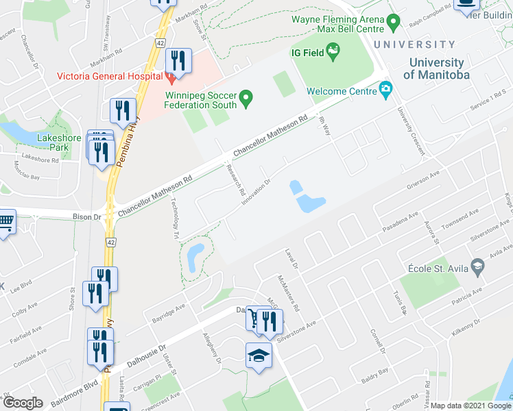 map of restaurants, bars, coffee shops, grocery stores, and more near 100 Innovation Drive in Winnipeg