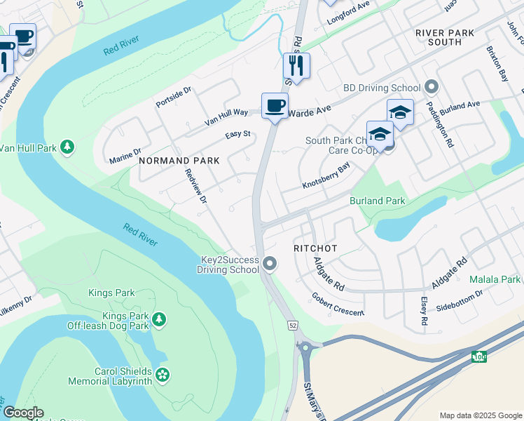 map of restaurants, bars, coffee shops, grocery stores, and more near in Winnipeg