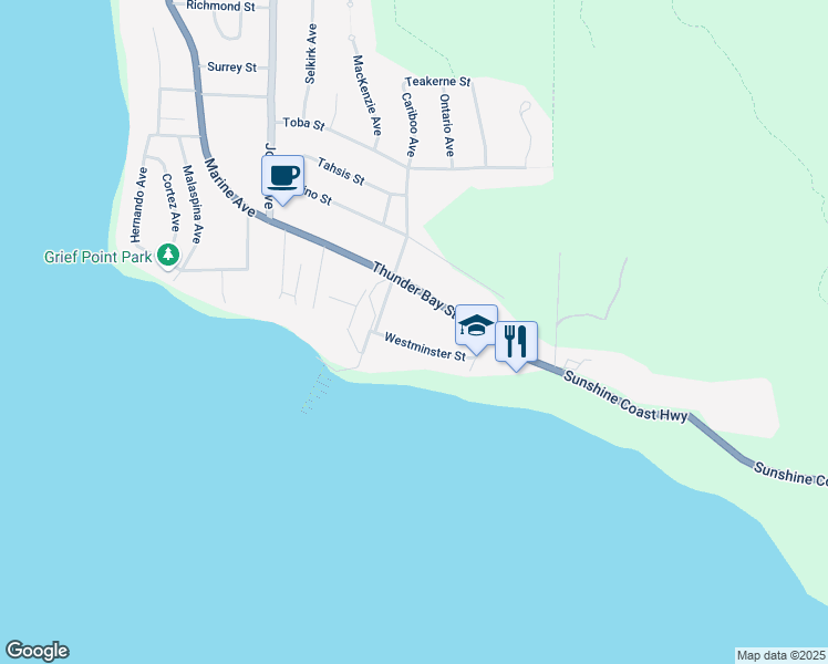map of restaurants, bars, coffee shops, grocery stores, and more near 7137 Westminster Street in Powell River