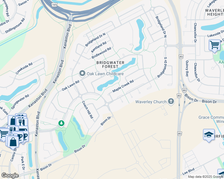 map of restaurants, bars, coffee shops, grocery stores, and more near 91 Maple Creek Road in Winnipeg