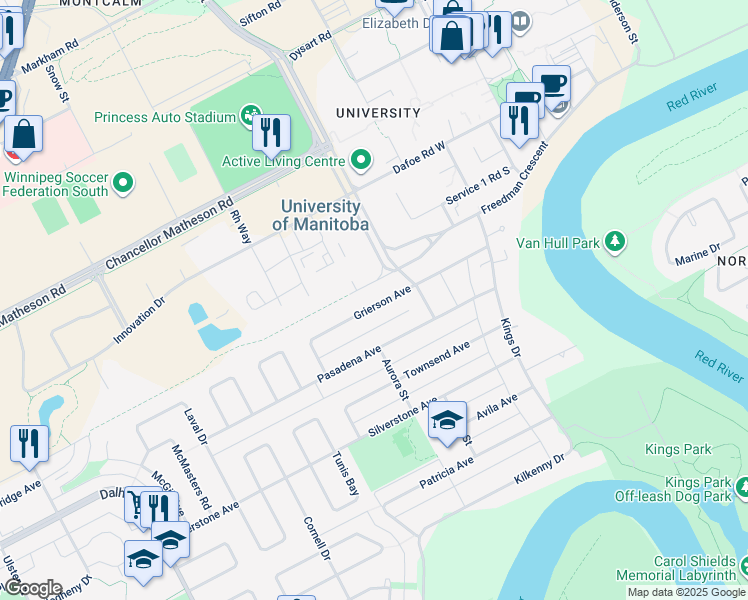 map of restaurants, bars, coffee shops, grocery stores, and more near 643 Grierson Avenue in Winnipeg