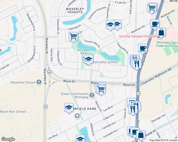 map of restaurants, bars, coffee shops, grocery stores, and more near 1525 Chancellor Drive in Winnipeg