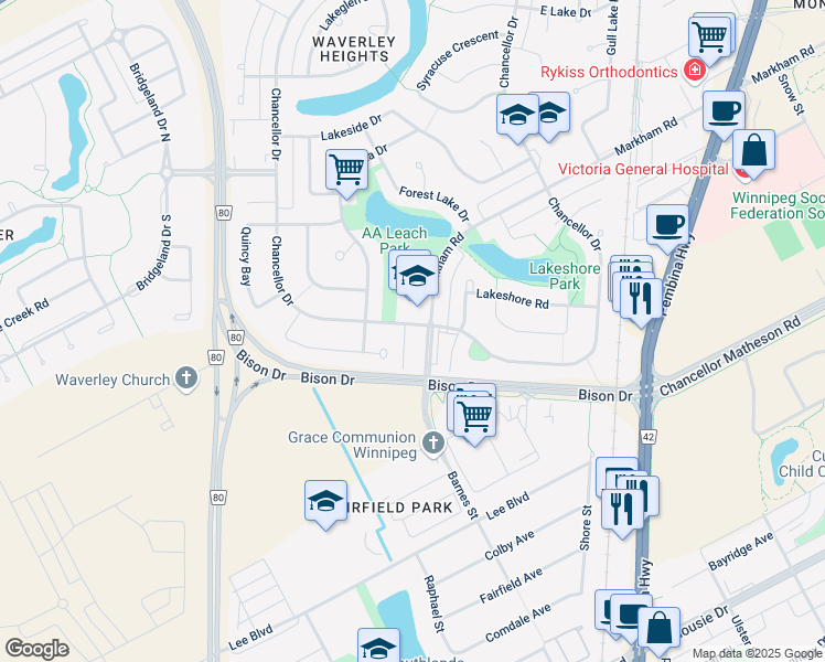 map of restaurants, bars, coffee shops, grocery stores, and more near 1523 Chancellor Drive in Winnipeg