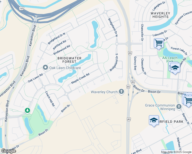 map of restaurants, bars, coffee shops, grocery stores, and more near Bridgeland Drive South in Winnipeg