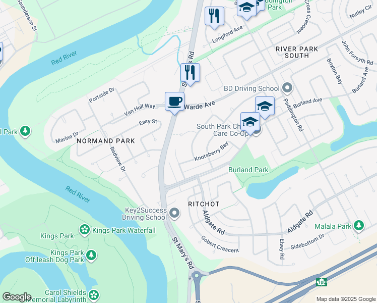 map of restaurants, bars, coffee shops, grocery stores, and more near 10 Trowbridge Bay in Winnipeg
