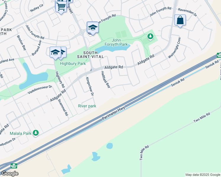 map of restaurants, bars, coffee shops, grocery stores, and more near Hallfield Place in Winnipeg