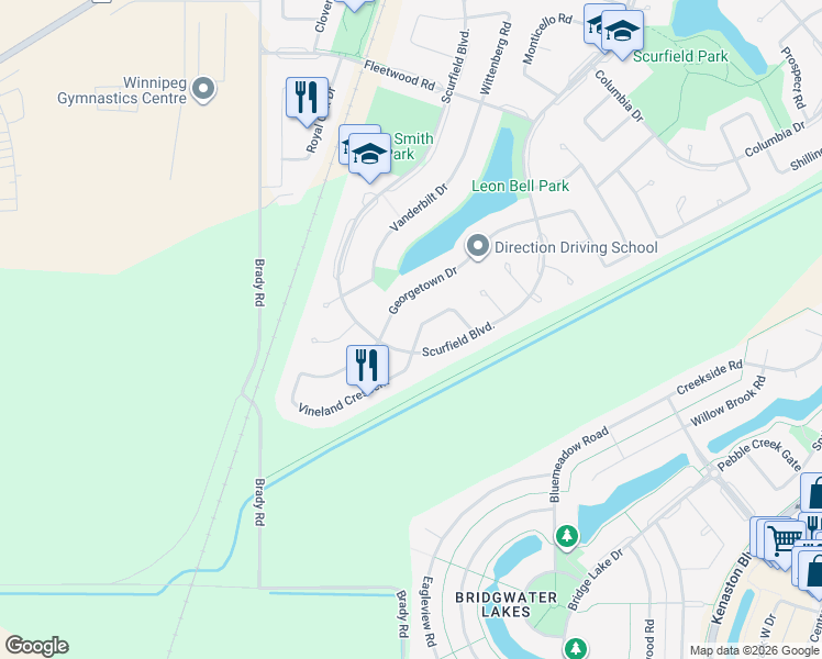 map of restaurants, bars, coffee shops, grocery stores, and more near 71 Caldwell Crescent in Winnipeg