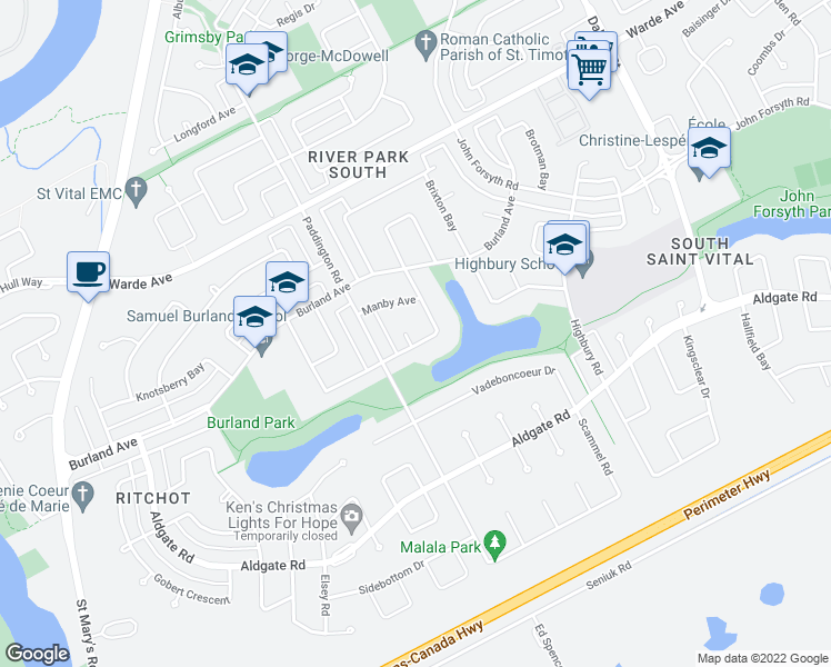 map of restaurants, bars, coffee shops, grocery stores, and more near 6 Kinsbourne Green in Winnipeg