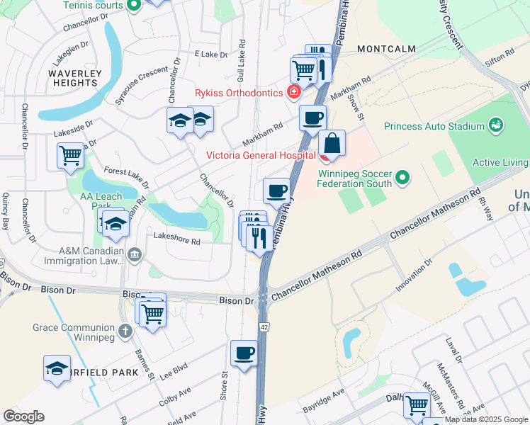 map of restaurants, bars, coffee shops, grocery stores, and more near 2395 Pembina Highway in Winnipeg