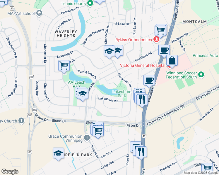 map of restaurants, bars, coffee shops, grocery stores, and more near 55 Lakeland Place in Winnipeg