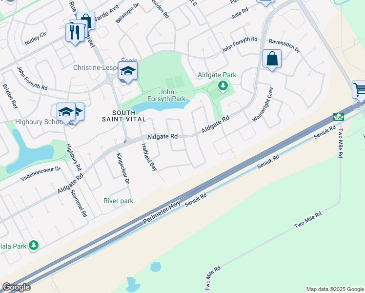 map of restaurants, bars, coffee shops, grocery stores, and more near 197 Hallfield Bay in Winnipeg