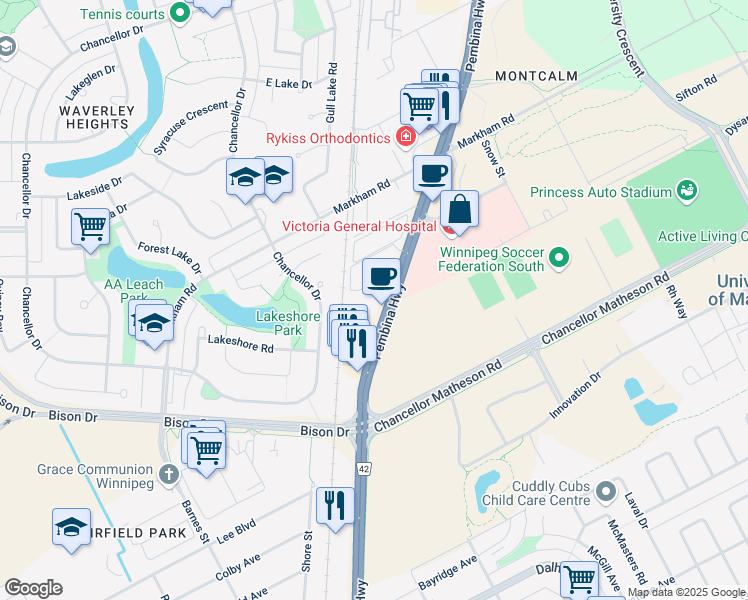 map of restaurants, bars, coffee shops, grocery stores, and more near 2393 Pembina Highway in Winnipeg