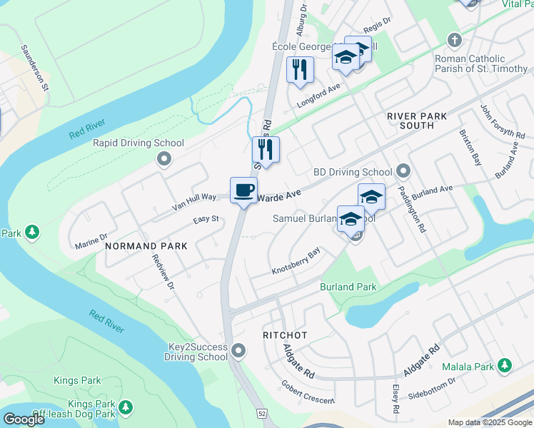 map of restaurants, bars, coffee shops, grocery stores, and more near in Winnipeg