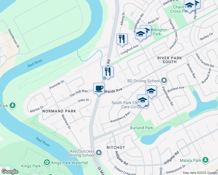 map of restaurants, bars, coffee shops, grocery stores, and more near in Winnipeg