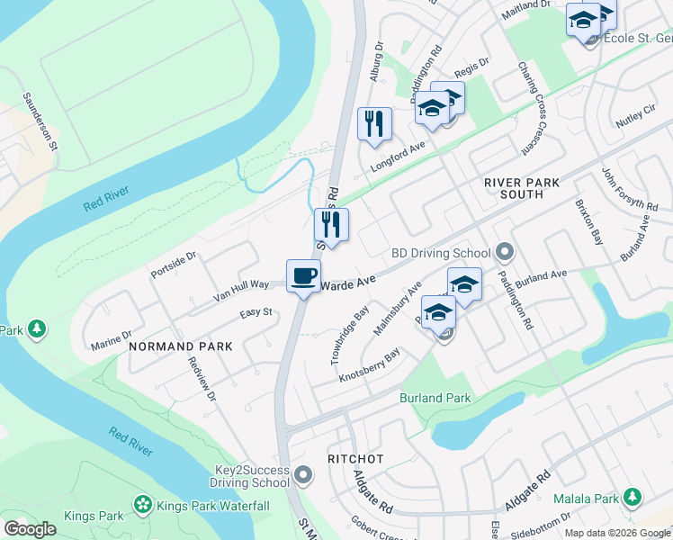 map of restaurants, bars, coffee shops, grocery stores, and more near 333 Warde Avenue in Winnipeg