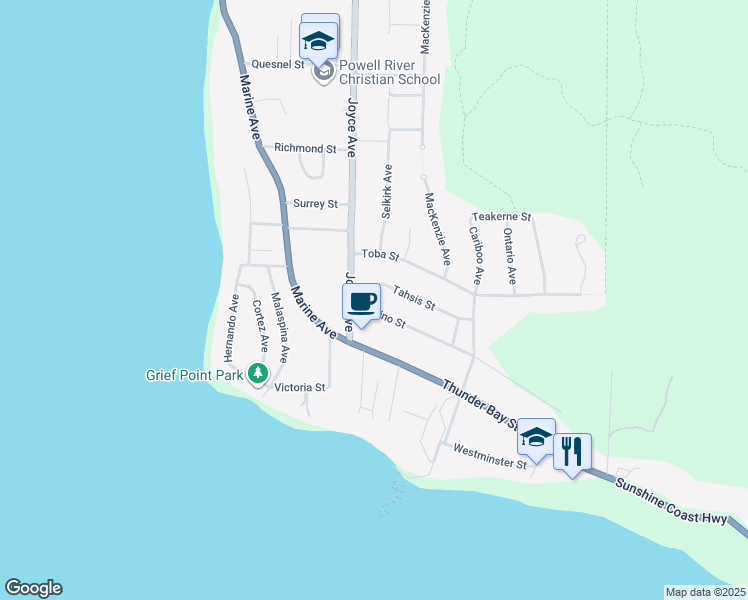 map of restaurants, bars, coffee shops, grocery stores, and more near 7030 Tahsis Street in Powell River