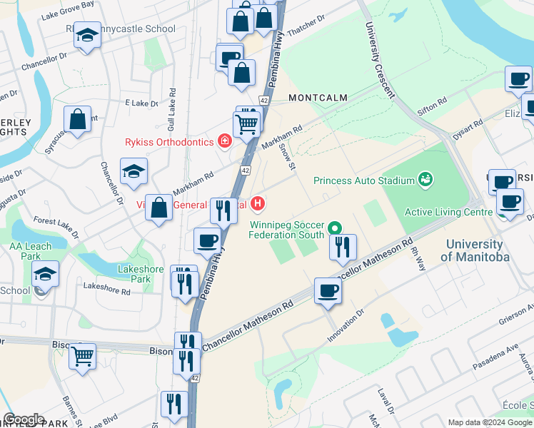 map of restaurants, bars, coffee shops, grocery stores, and more near 2340 Pembina Highway in Winnipeg
