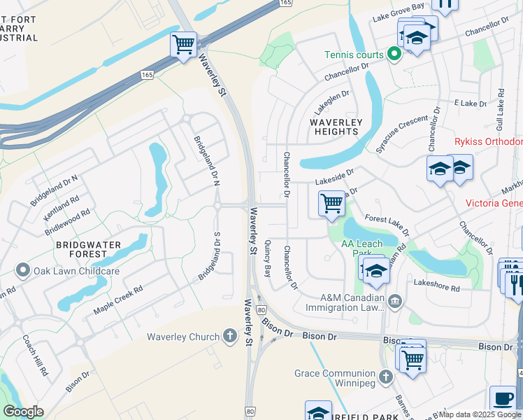 map of restaurants, bars, coffee shops, grocery stores, and more near 30 Lake Crest Road in Winnipeg
