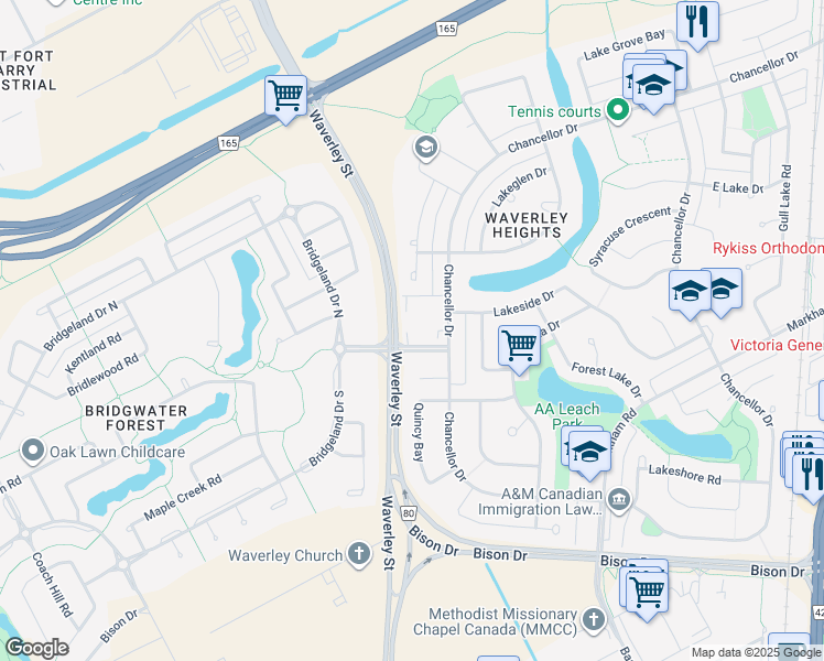 map of restaurants, bars, coffee shops, grocery stores, and more near 25 Lake Crest Road in Winnipeg