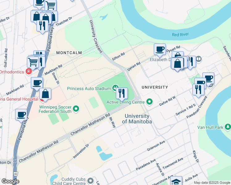 map of restaurants, bars, coffee shops, grocery stores, and more near 315 Chancellor Matheson Road in Winnipeg