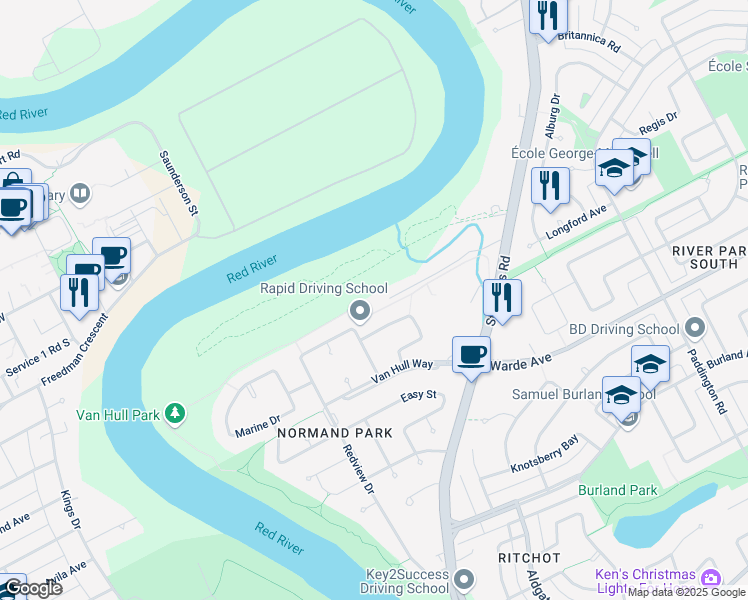 map of restaurants, bars, coffee shops, grocery stores, and more near 108 Normand Avenue in Winnipeg
