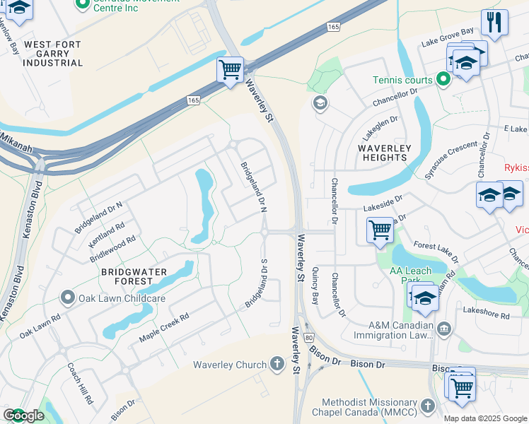map of restaurants, bars, coffee shops, grocery stores, and more near 0 Bridgeland Drive North in Winnipeg