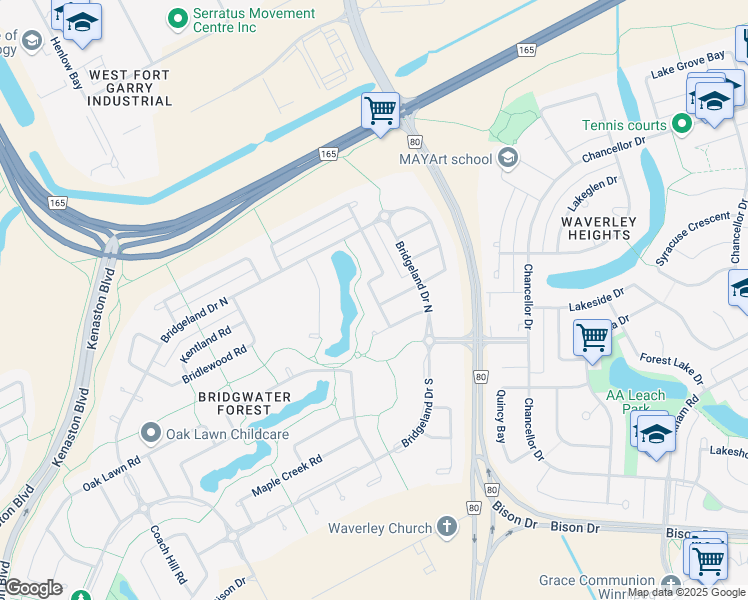 map of restaurants, bars, coffee shops, grocery stores, and more near 88 Lake Forest Road in Winnipeg