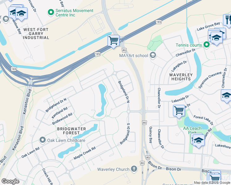map of restaurants, bars, coffee shops, grocery stores, and more near 51 Lake Forest Road in Winnipeg
