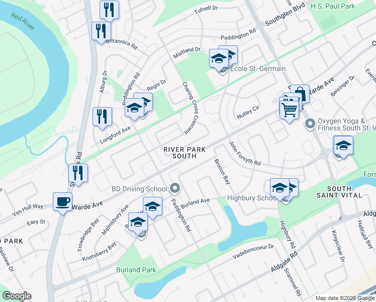 map of restaurants, bars, coffee shops, grocery stores, and more near 98 Southwalk Bay in Winnipeg