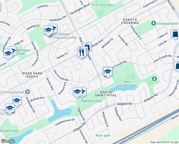 map of restaurants, bars, coffee shops, grocery stores, and more near 380 John Forsyth Road in Winnipeg