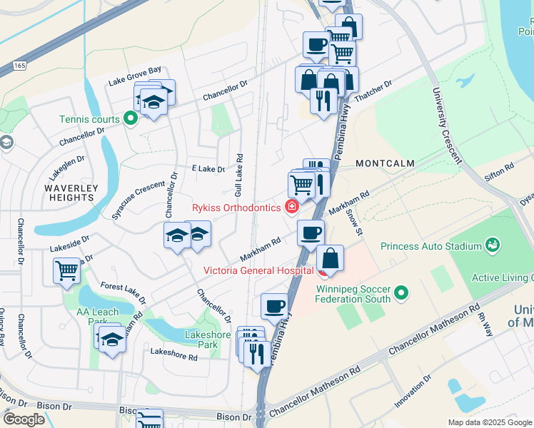 map of restaurants, bars, coffee shops, grocery stores, and more near 88 Southpark Drive in Winnipeg