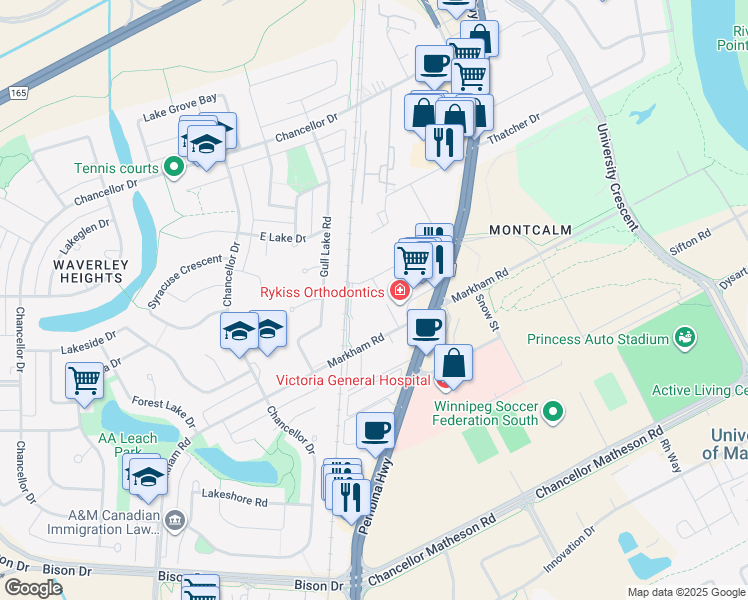 map of restaurants, bars, coffee shops, grocery stores, and more near 88 Southpark Drive in Winnipeg