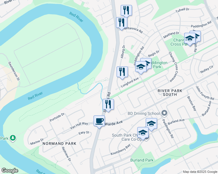 map of restaurants, bars, coffee shops, grocery stores, and more near 27 Saint Mary's Road in Winnipeg
