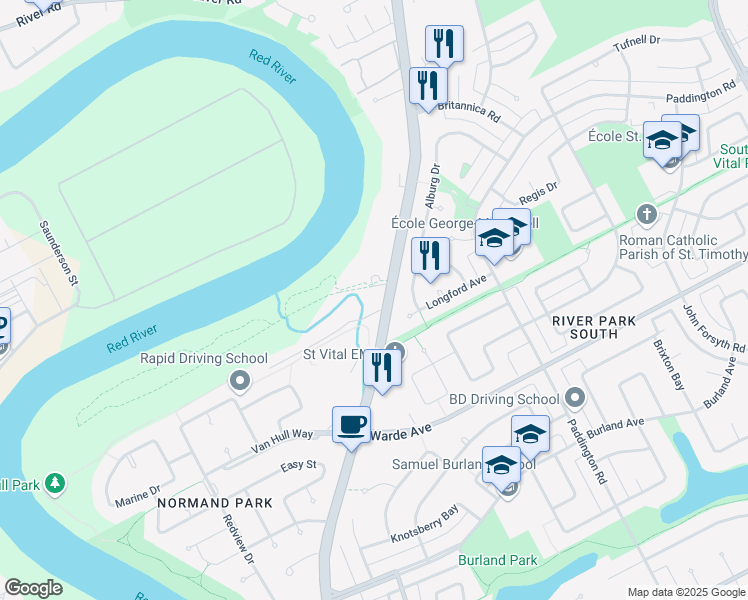map of restaurants, bars, coffee shops, grocery stores, and more near 2-108 Normand Avenue in Winnipeg