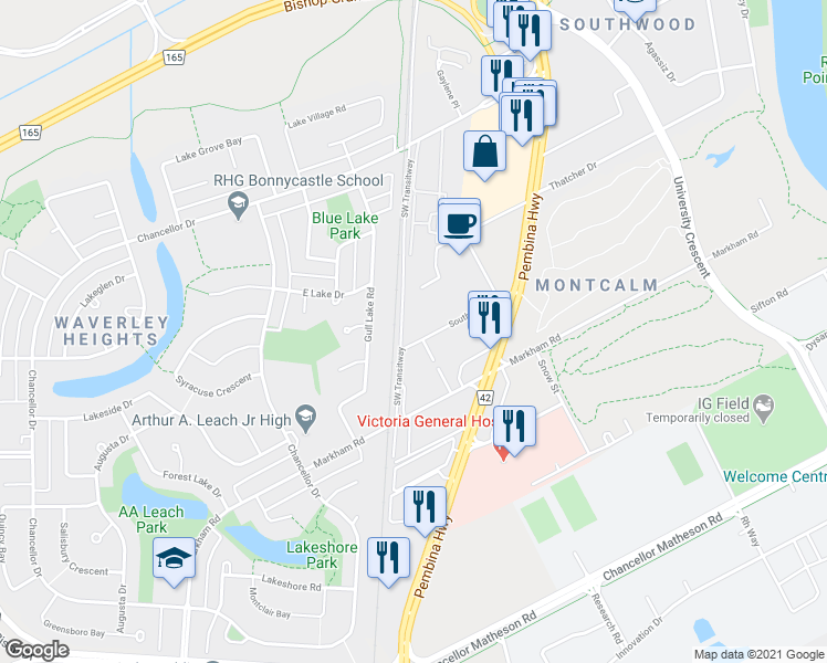 map of restaurants, bars, coffee shops, grocery stores, and more near 53 Southpark Drive in Winnipeg