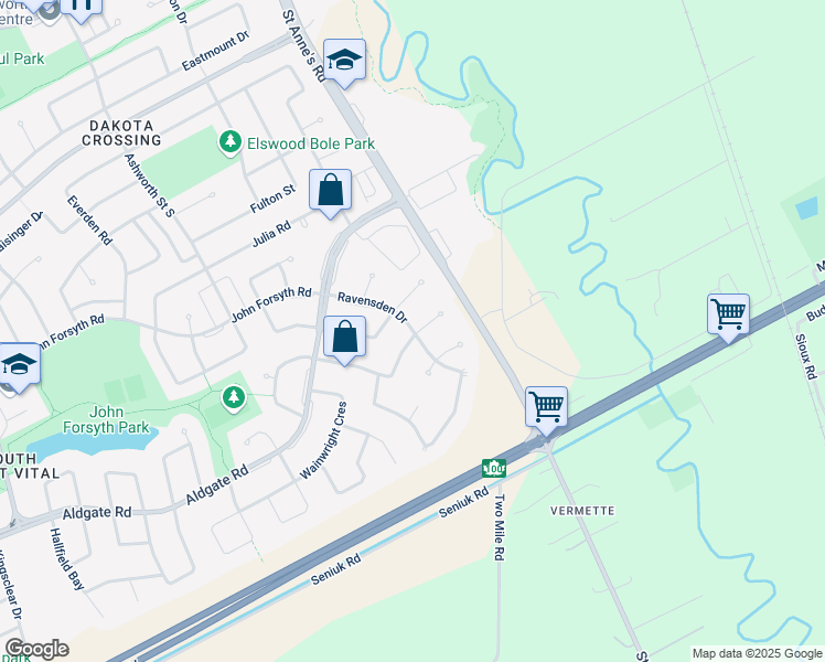 map of restaurants, bars, coffee shops, grocery stores, and more near 177 Ravensden Drive in Winnipeg